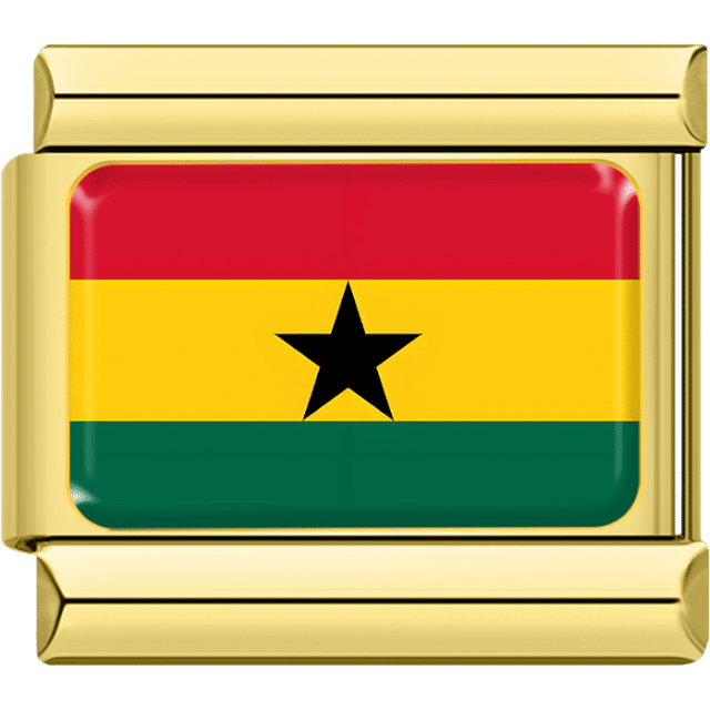 Gold rectangular Italian charm bracelet link featuring the flag of Ghana, with red, yellow, and green horizontal stripes and a black star in the center.